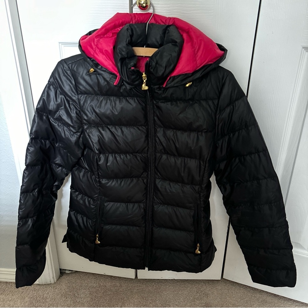 Betsey Johnson lightweight down Coat jacket black pink lining,ruffles,hood sizeM
